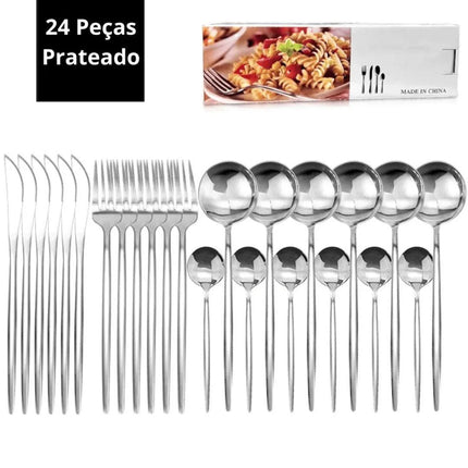 Juego de Cucharas y Cuchillos Faqueiro en Acero Inoxidable Completo 24 Piezas 