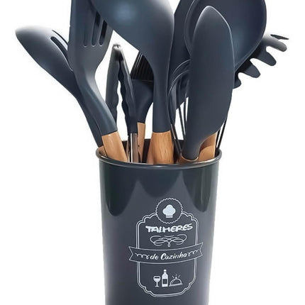 Kit de utensilios de cocina de silicona con mango de madera - 12 piezas 
