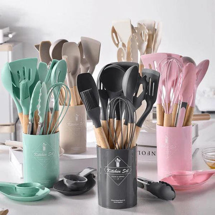 Kit de utensilios de cocina de silicona con mango de madera - 12 piezas 