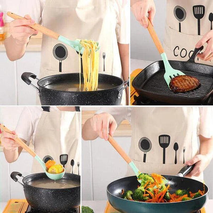 Kit de utensilios de cocina de silicona con mango de madera - 12 piezas 