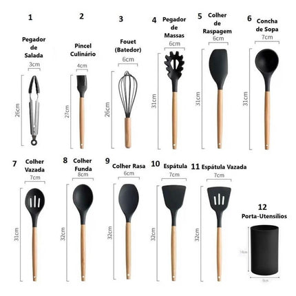 Kit de utensilios de cocina de silicona con mango de madera - 12 piezas 