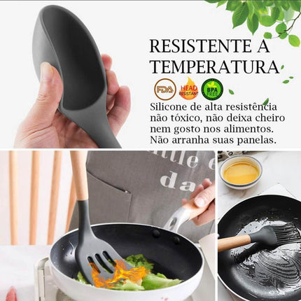 Kit de utensilios de cocina de silicona con mango de madera - 12 piezas 