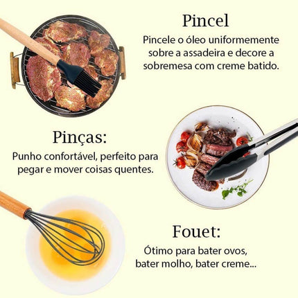 Kit de utensilios de cocina de silicona con mango de madera - 12 piezas 