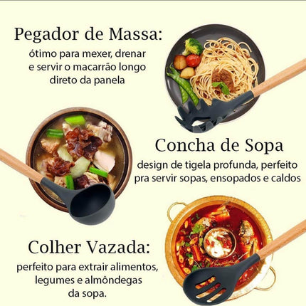 Kit de utensilios de cocina de silicona con mango de madera - 12 piezas 