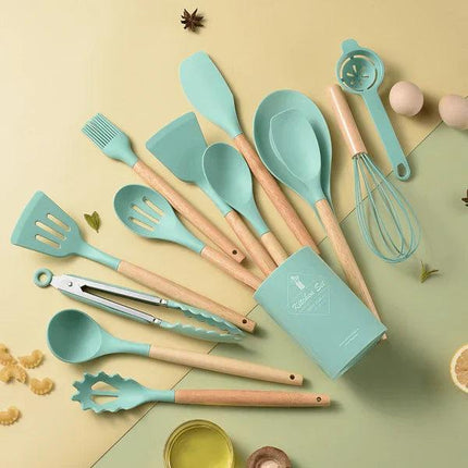 Kit de utensilios de cocina de silicona con mango de madera - 12 piezas 