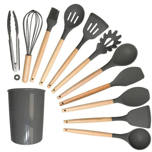 Kit de utensilios de cocina de silicona con mango de madera - 12 piezas 