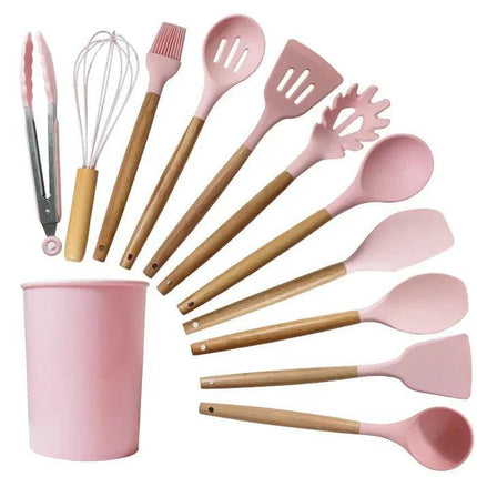 Kit de utensilios de cocina de silicona con mango de madera - 12 piezas 