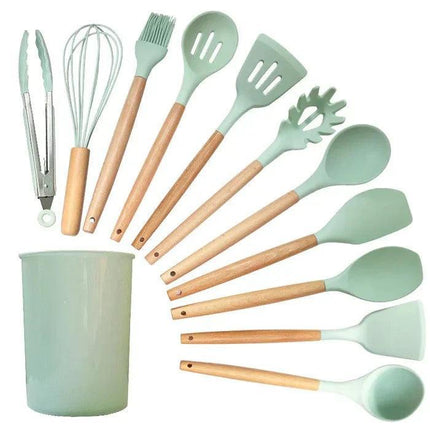 Kit de utensilios de cocina de silicona con mango de madera - 12 piezas 
