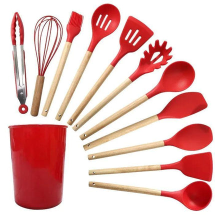 Kit de utensilios de cocina de silicona con mango de madera - 12 piezas 